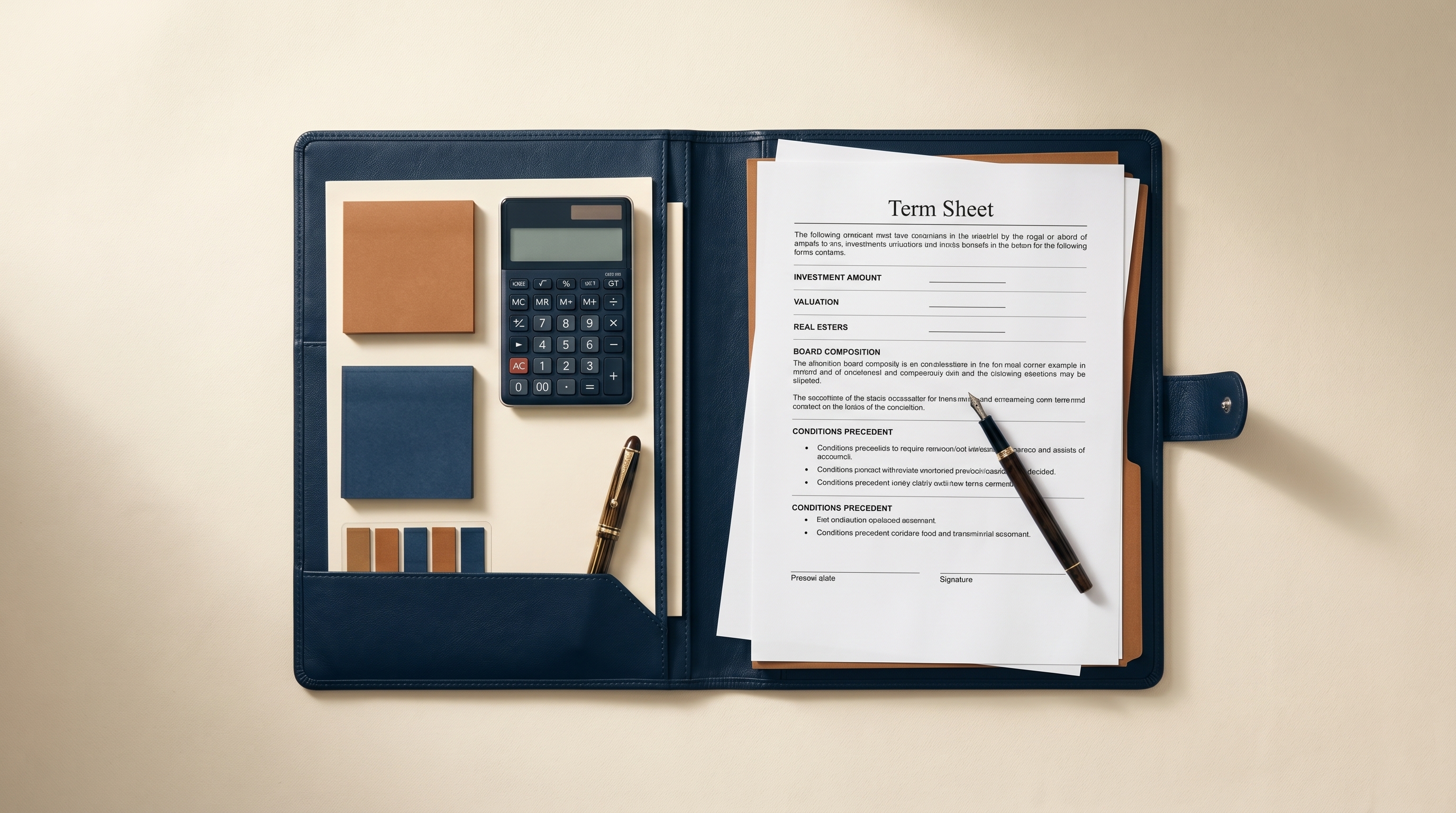 Editorial top-down still life of a leather portfolio, term sheet, calculator, and color-coded sticky notes arranged on a warm cream desk surface, lit by soft directional natural light.